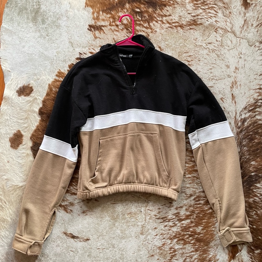 Black/Tan/White block Crop Sweater with 3/4 Zip